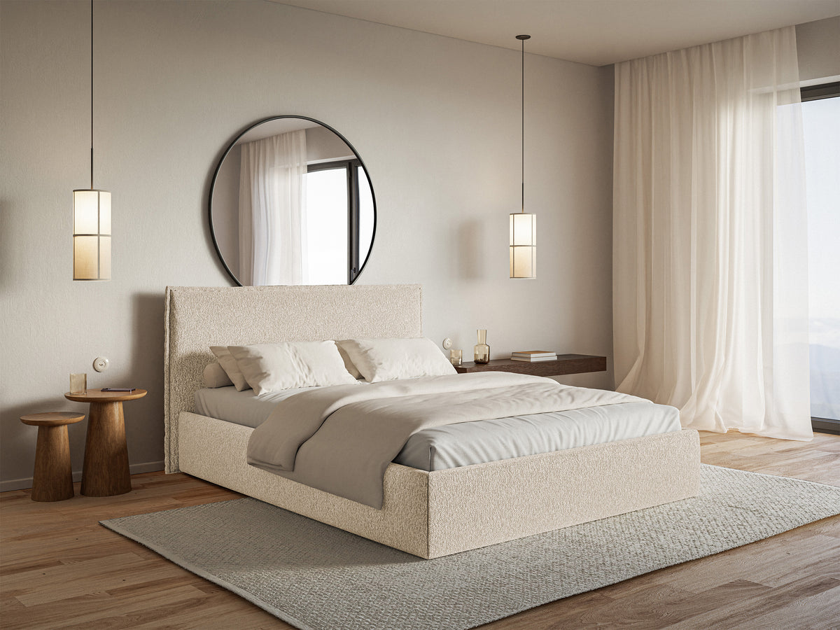 Lit tapissé 140x200 cm Softie Slim avec rangement, chenille beige clair, cadre métallique