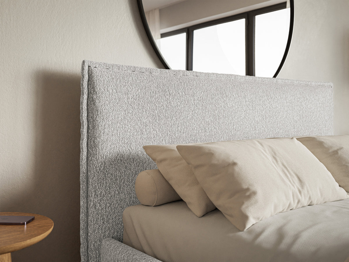 Polsterbett 200x200 cm Softie Slim mit Stauraum, hellgrauer Chenille-Stoff, Metallrahmen