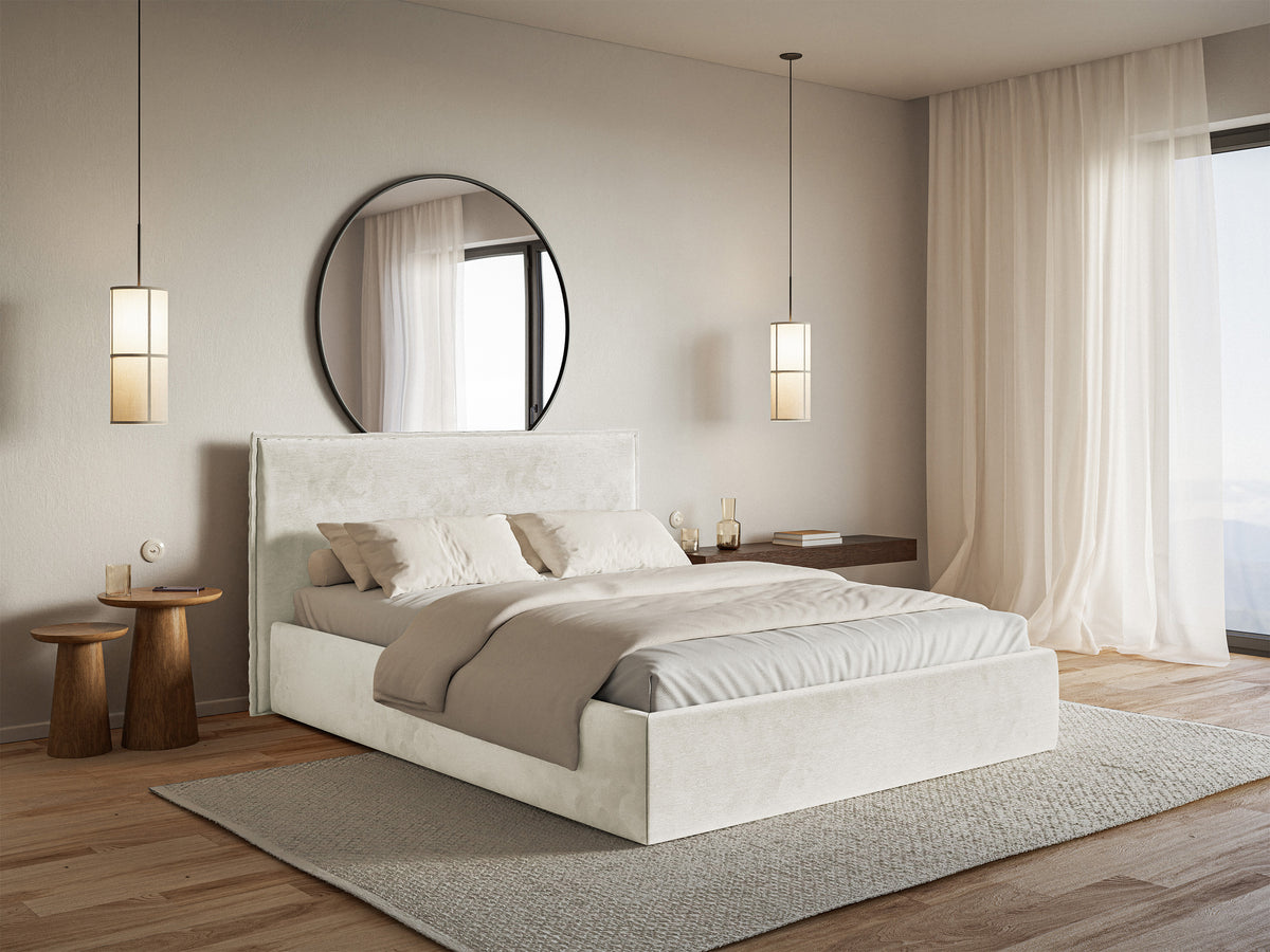 Lit tapissé 160x200 cm Softie Slim avec rangement, velours hydrofuge gris beige, cadre métallique
