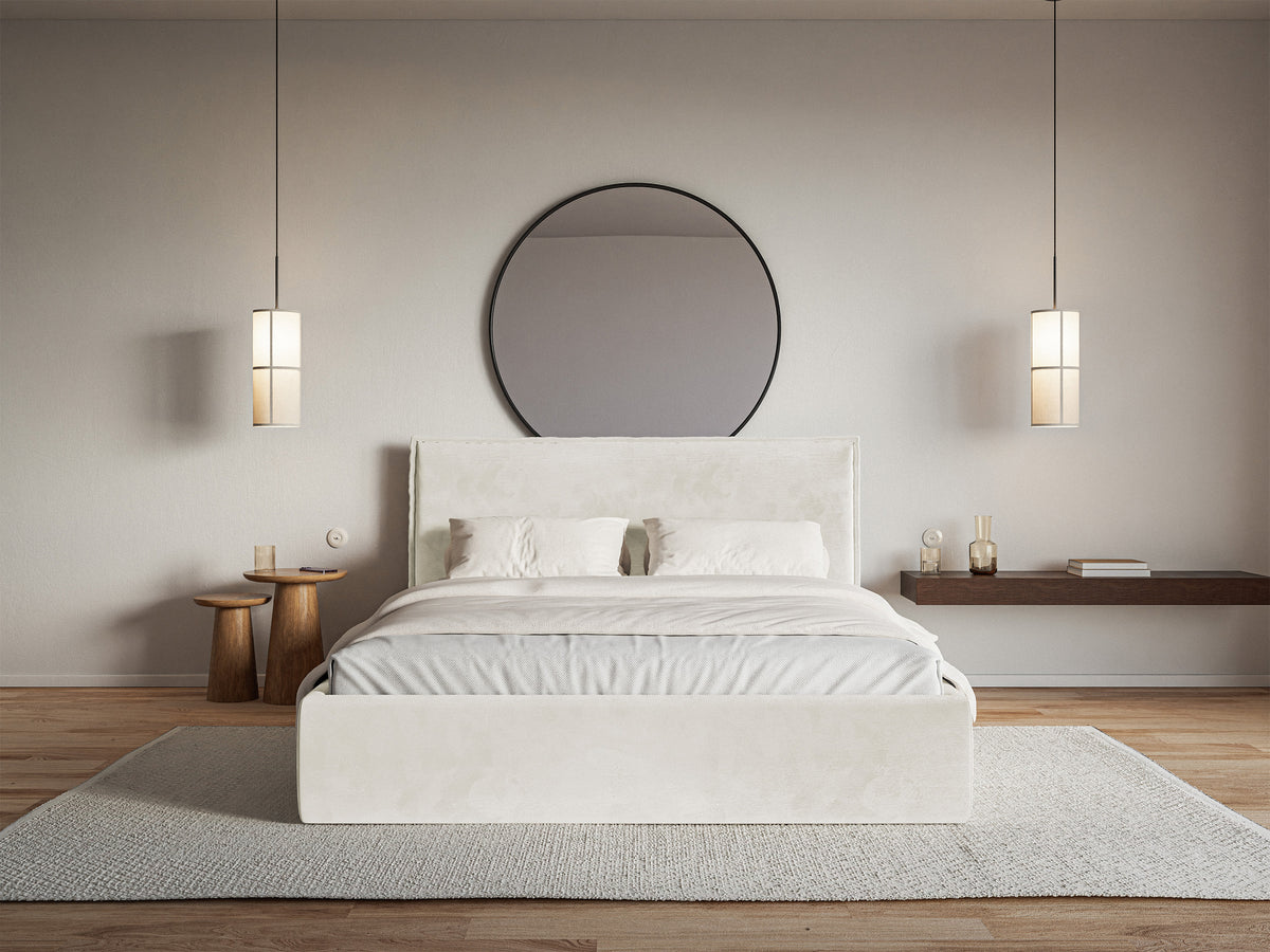 Lit tapissé 160x200 cm Softie Slim avec rangement, velours hydrofuge gris beige, cadre métallique