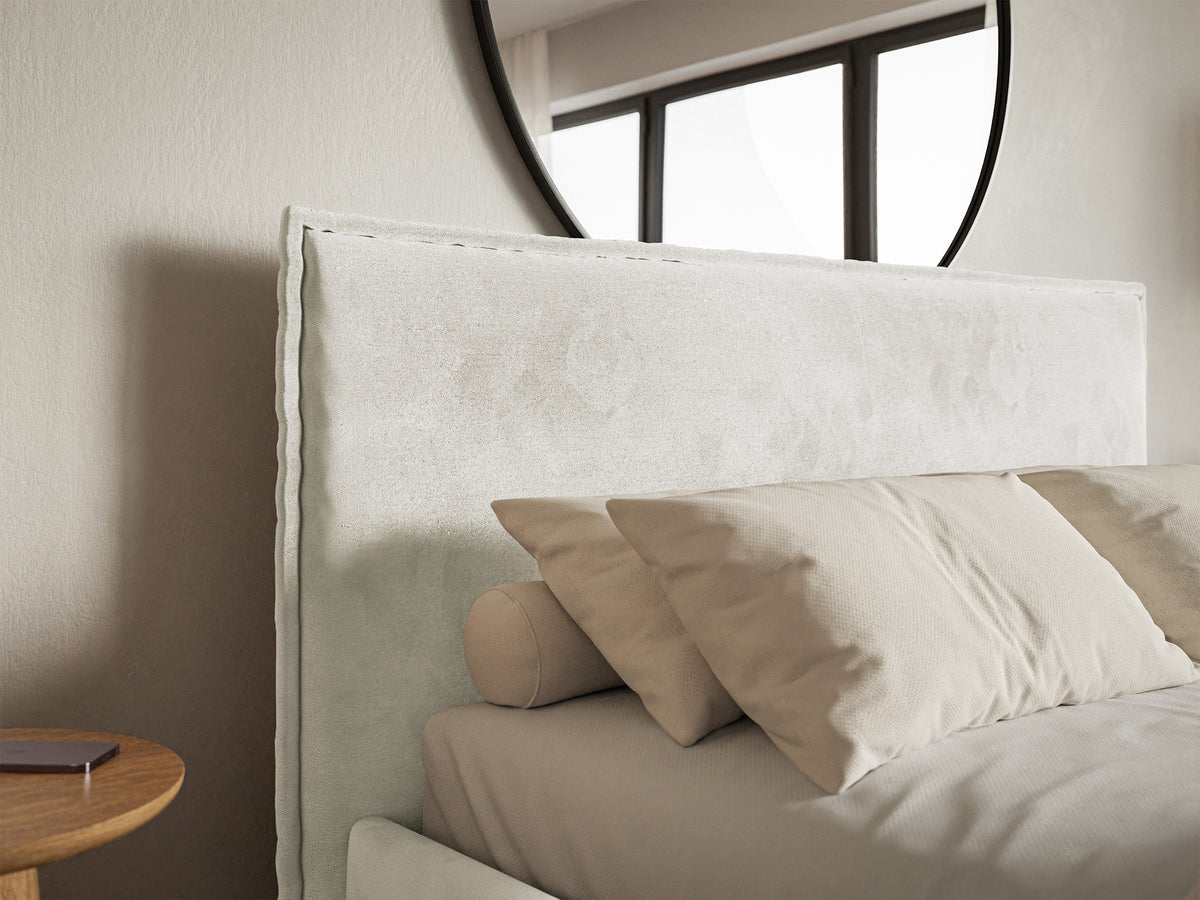 Lit tapissé 160x200 cm Softie Slim avec rangement, velours hydrofuge gris beige, cadre métallique