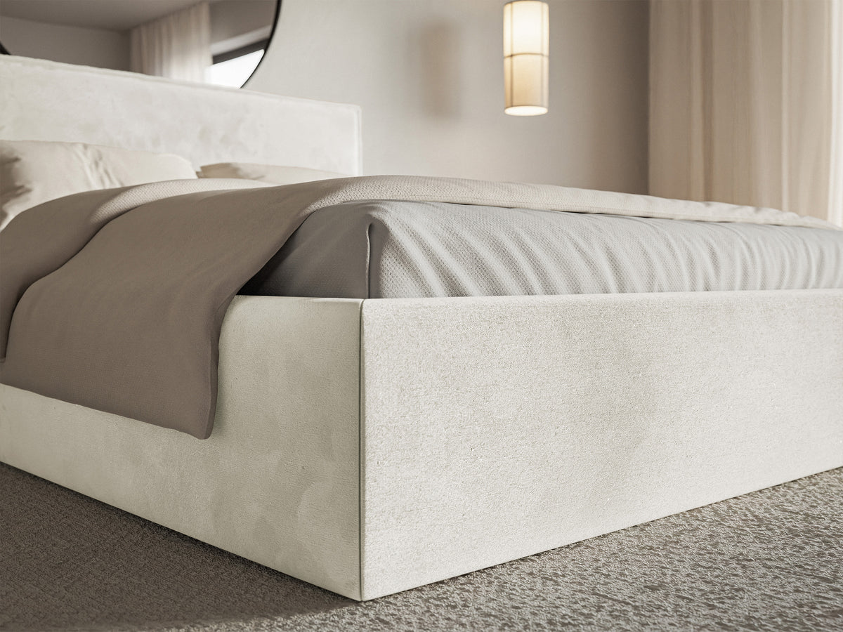 Lit tapissé 160x200 cm Softie Slim avec rangement, velours hydrofuge gris beige, cadre métallique