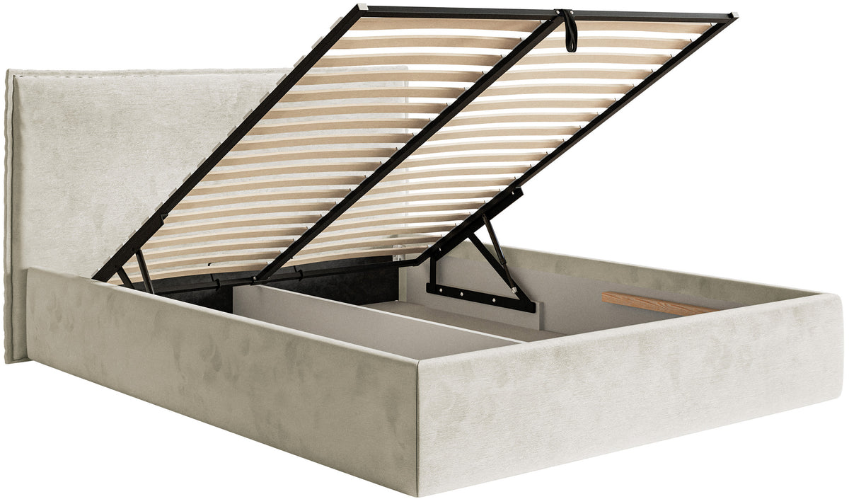 Lit tapissé 160x200 cm Softie Slim avec rangement, velours hydrofuge gris beige, cadre métallique