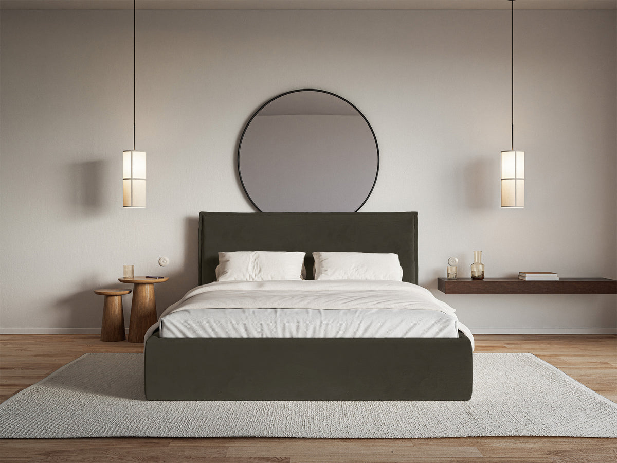 Lit tapissé 140x200 cm Softie Slim velours hydrofuge vert foncé