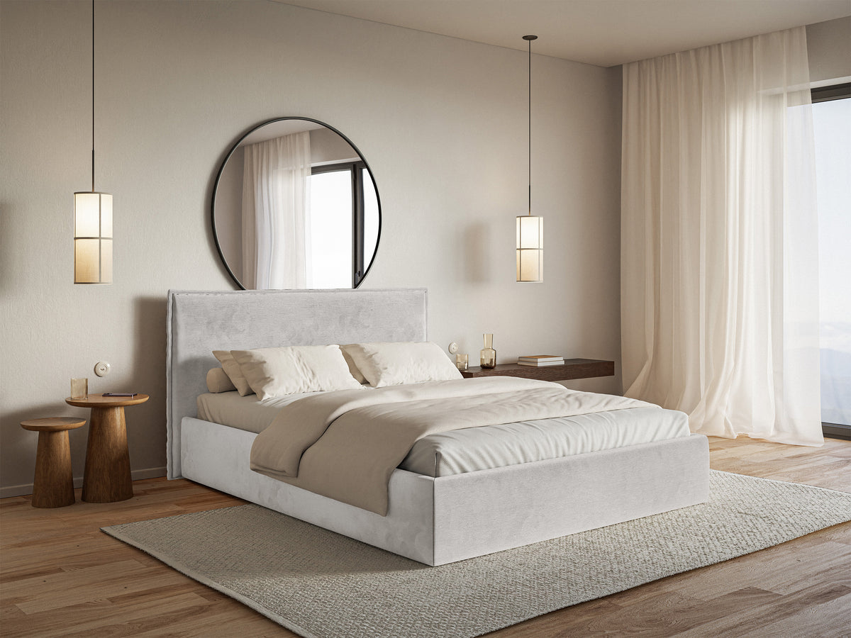 Polsterbett 140x200 cm Softie Slim mit Stauraum, hellgrauer hydrophober Samt, Metallrahmen