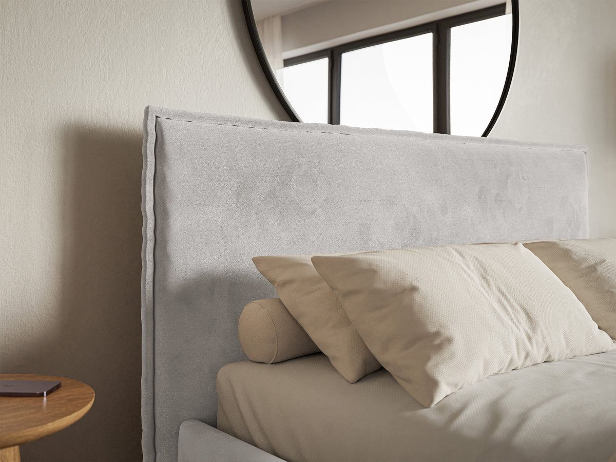 Polsterbett 140x200 cm Softie Slim mit Stauraum, hellgrauer hydrophober Samt, Metallrahmen