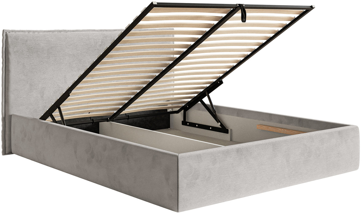 Polsterbett 140x200 cm Softie Slim mit Stauraum, hellgrauer hydrophober Samt, Metallrahmen