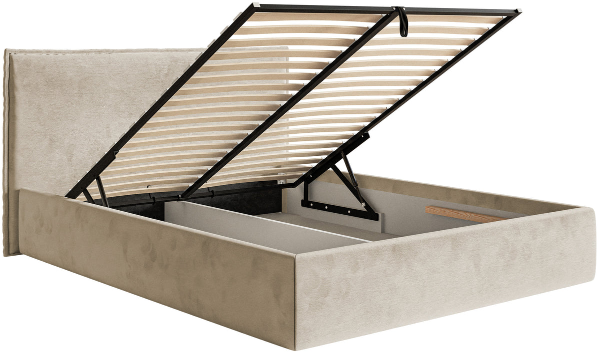 Lit tapissé 140x200 cm Softie Slim avec rangement, velours beige hydrofuge, cadre métallique