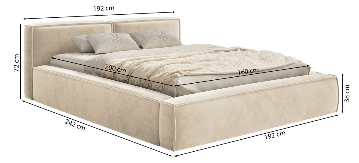 Polsterbett 160x200 cm Tilves Slim Low mit Stauraum, Metallrahmen, hellbrauner Samt