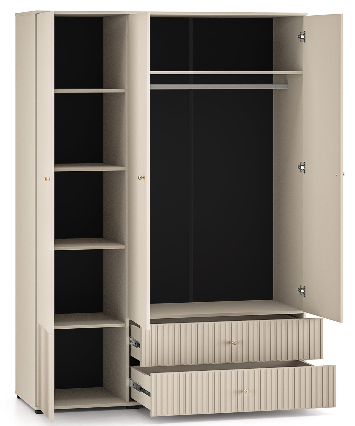Armoire trois portes Caletto 150 cm avec deux tiroirs et lames décoratives beige