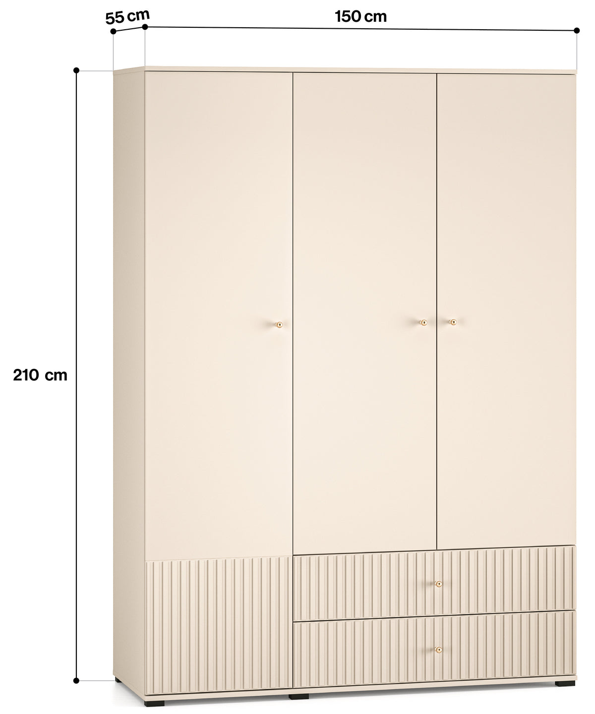 Armoire trois portes Caletto 150 cm avec deux tiroirs et lames décoratives beige