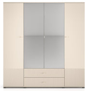 Armoire 4 portes Caletto 200 cm avec 2 tiroirs et miroir, lamelles décoratives beige