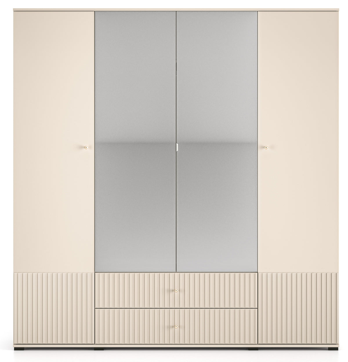 Armoire 4 portes Caletto 200 cm avec 2 tiroirs et miroir, lamelles décoratives beige
