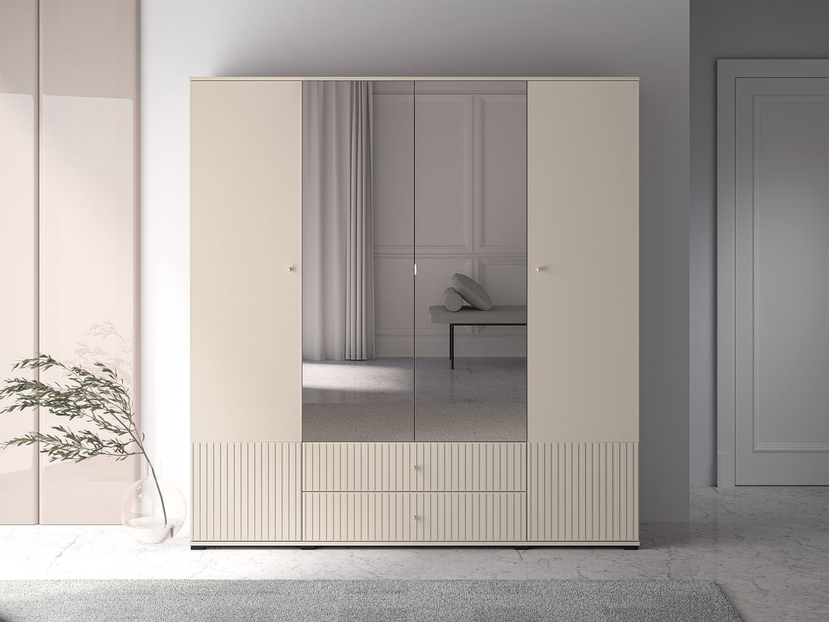 Armoire 4 portes Caletto 200 cm avec 2 tiroirs et miroir, lamelles décoratives beige