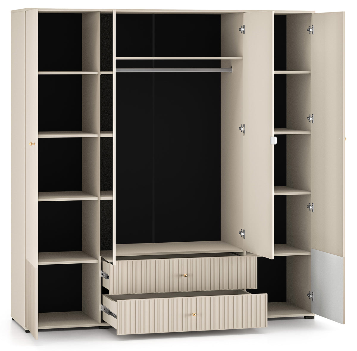 Armoire 4 portes Caletto 200 cm avec 2 tiroirs et miroir, lamelles décoratives beige