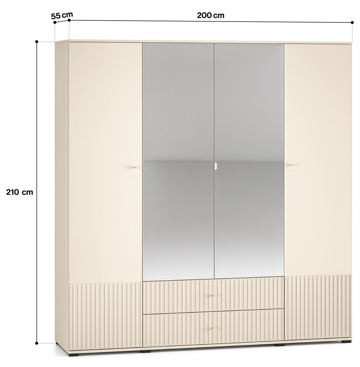 Armoire 4 portes Caletto 200 cm avec 2 tiroirs et miroir, lamelles décoratives beige