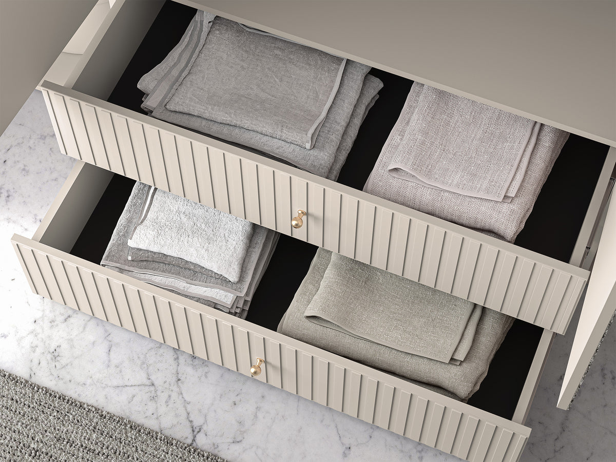Armoire 4 portes Caletto 200 cm avec 2 tiroirs et miroir, lamelles décoratives beige