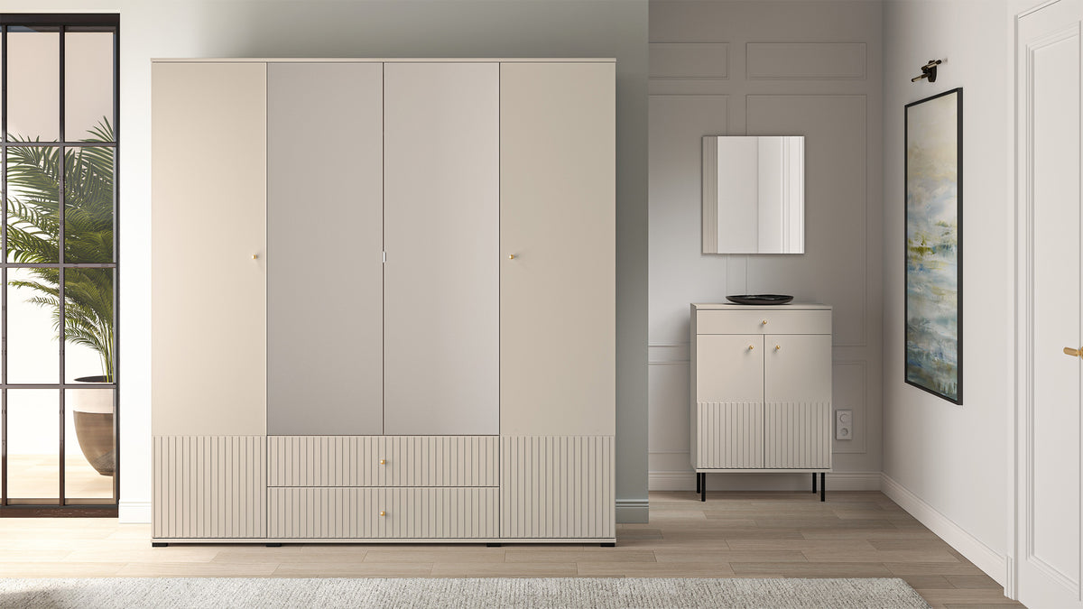 Armoire 4 portes Caletto 200 cm avec 2 tiroirs et miroir, lamelles décoratives beige