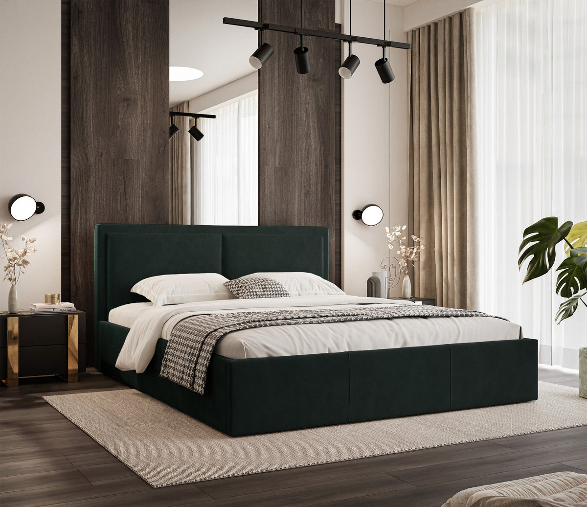 Lit tapissé 180x200 cm Soave II avec rangement et cadre métallique velours vert foncé