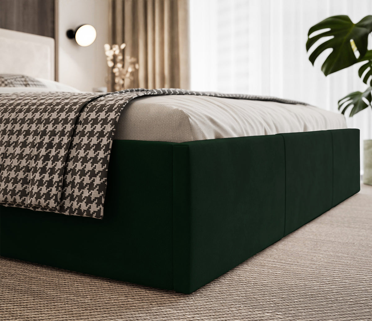 Lit tapissé 180x200 cm Soave II avec rangement et cadre métallique velours vert foncé