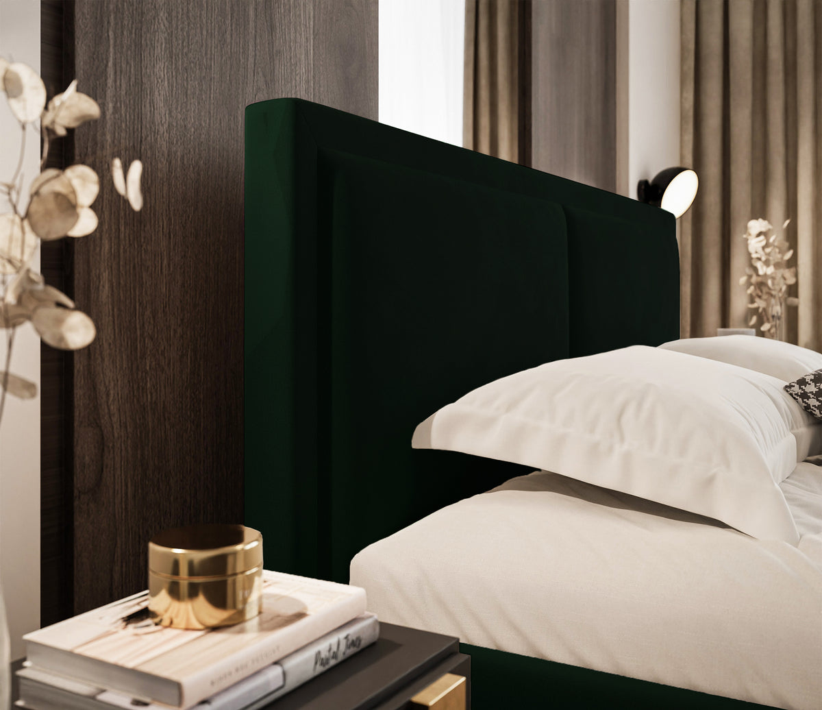 Lit tapissé 180x200 cm Soave II avec rangement et cadre métallique velours vert foncé