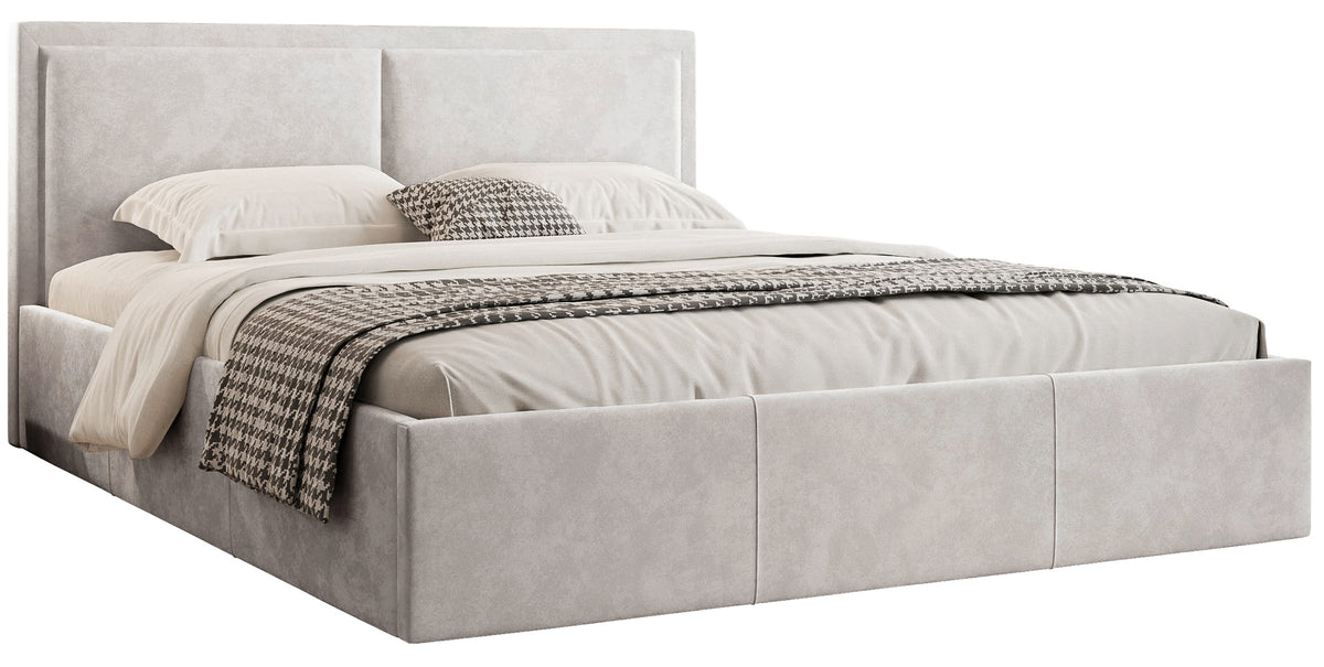 Gepolstertes Bett 160x200 cm Soave II mit Stauraum und Metallrahmen, hellbeiger Samt