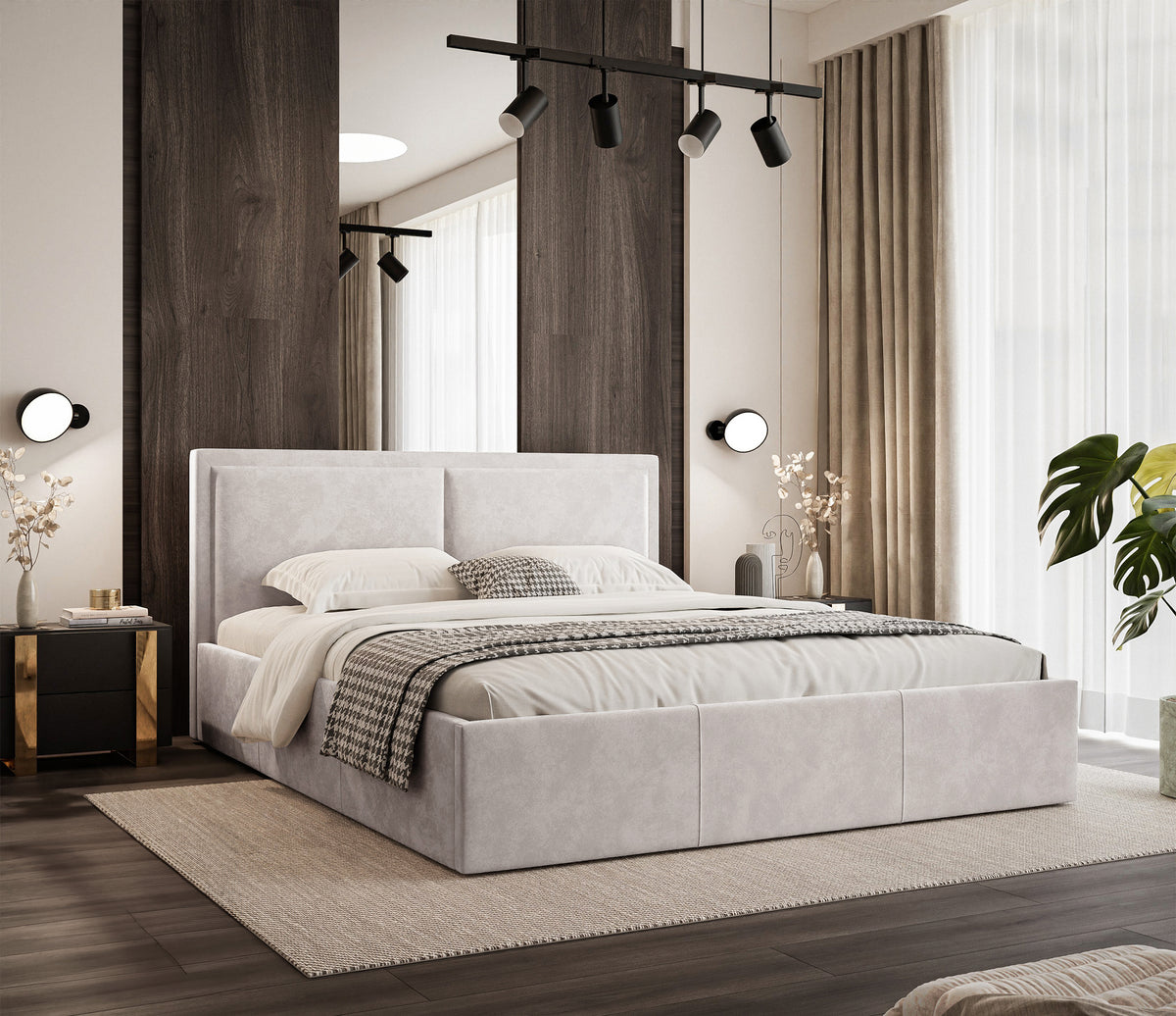 Gepolstertes Bett 160x200 cm Soave II mit Stauraum und Metallrahmen, hellbeiger Samt