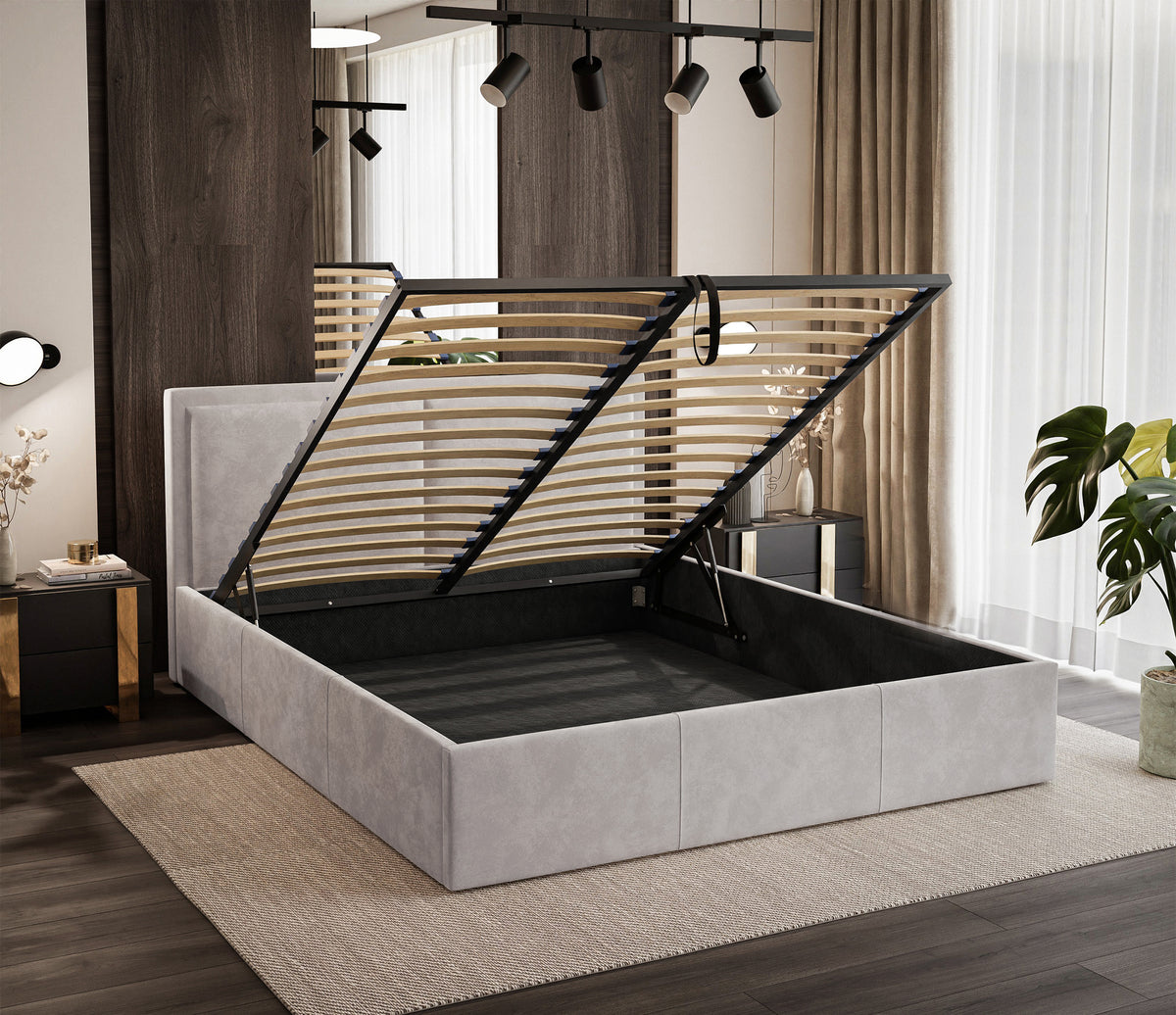 Gepolstertes Bett 160x200 cm Soave II mit Stauraum und Metallrahmen, hellbeiger Samt