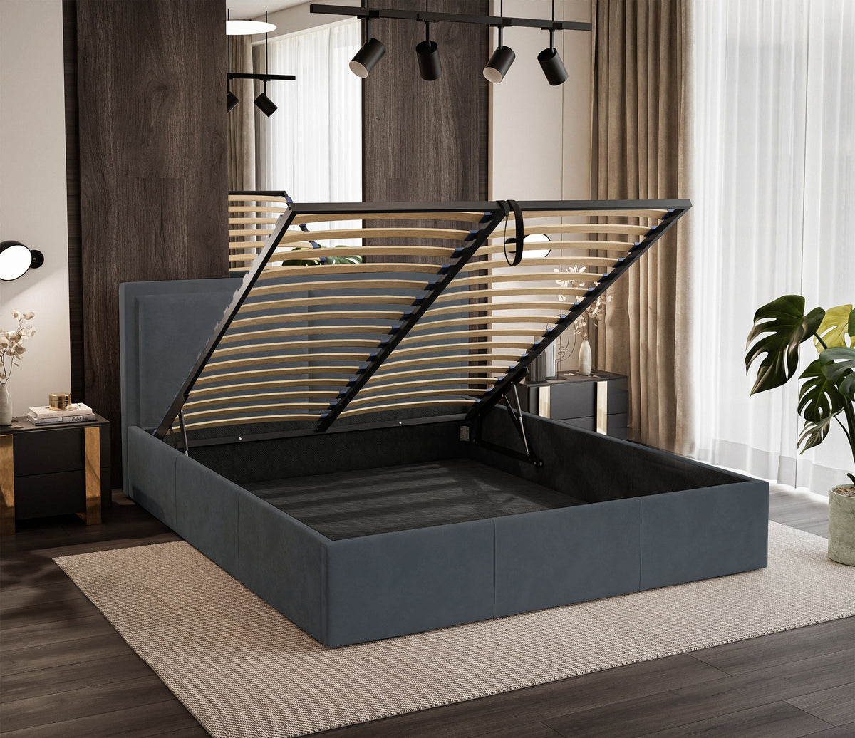 Lit tapissé 140x200 cm Soave II avec rangement et cadre métallique en velours acier