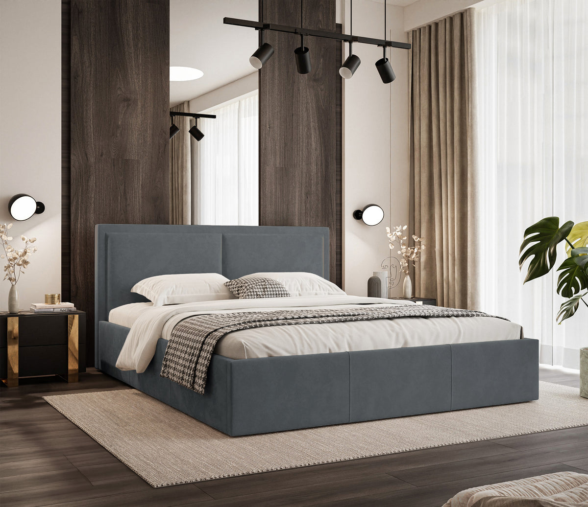 Lit tapissé 140x200 cm Soave II avec rangement et cadre métallique en velours acier