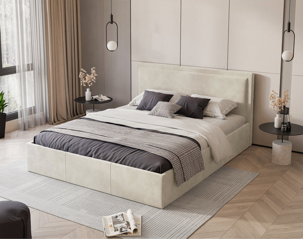 Lit tapissé 180x200 cm Soave avec rangement et cadre métallique velours crème