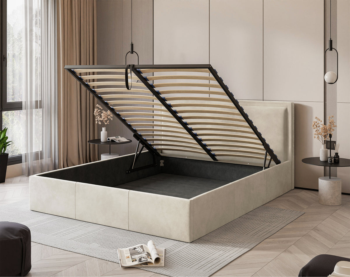 Polsterbett 140x200 cm Soave mit Stauraum und Metallrahmen, cremefarbener Samt