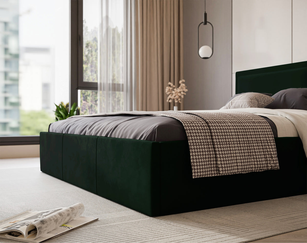 Lit tapissé 140x200 cm Soave avec rangement et cadre métallique velours vert foncé