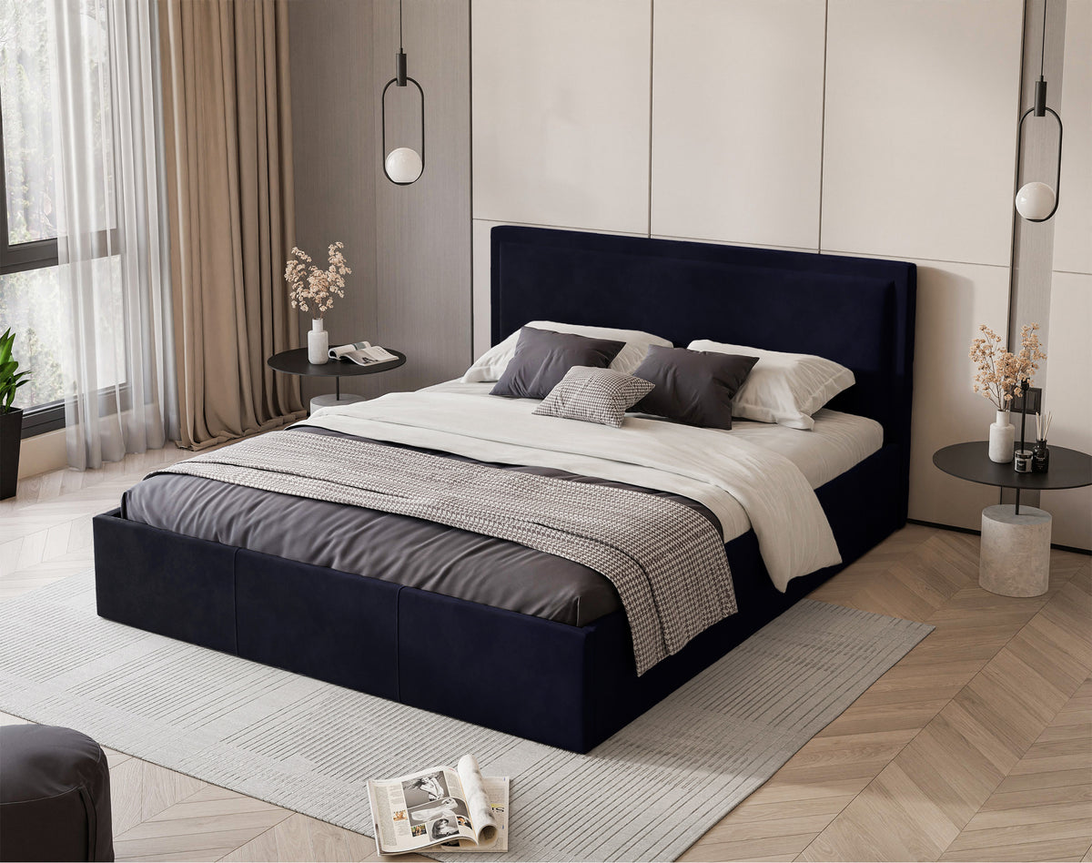 Polsterbett 140x200 cm Soave mit Stauraum und Metallrahmen, dunkelblauer Samt