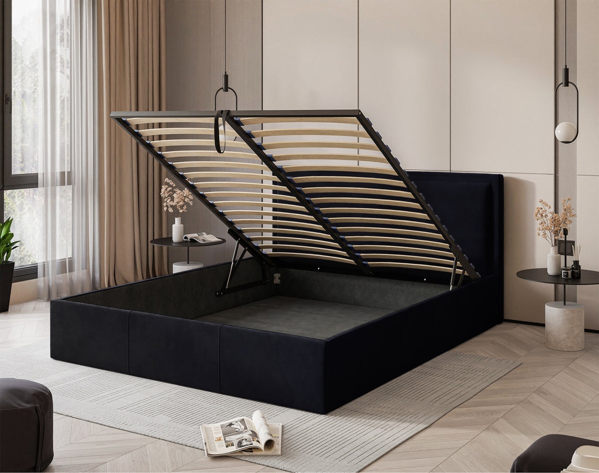 Polsterbett 140x200 cm Soave mit Stauraum und Metallrahmen, dunkelblauer Samt