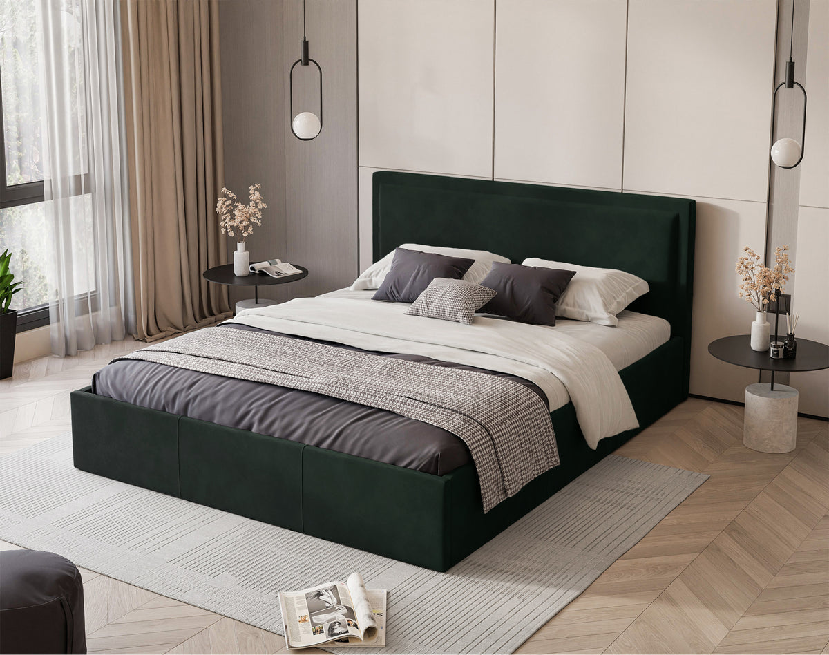 Lit tapissé 140x200 cm Soave avec rangement et cadre métallique velours vert foncé