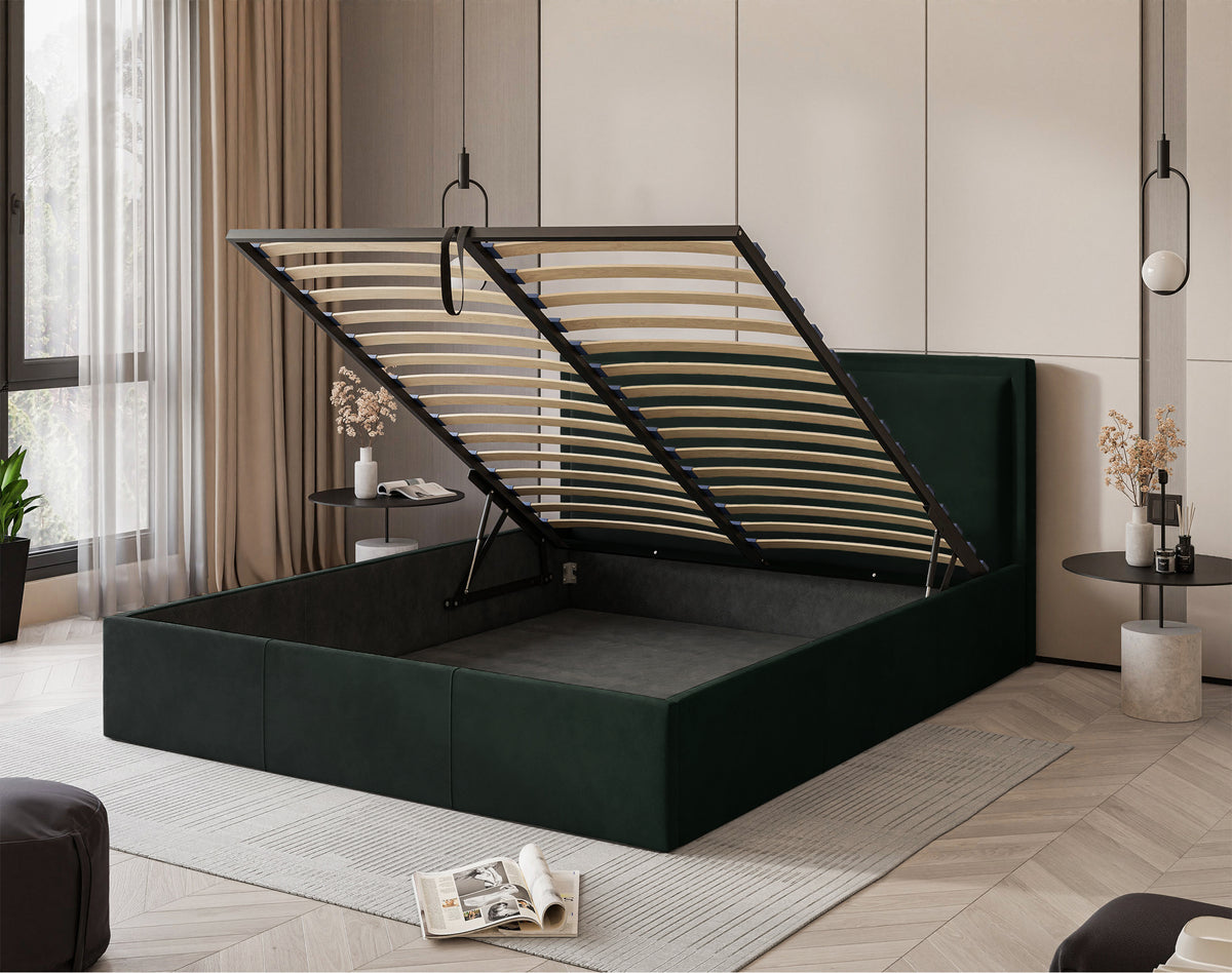 Lit tapissé 180x200 cm Soave II avec rangement et cadre métallique velours vert foncé