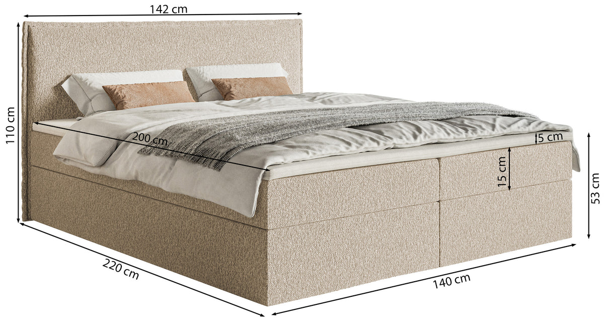 Kontinentalbett 140x200 cm Softie mit Stauraum und Topper, graphitfarbener Chenille
