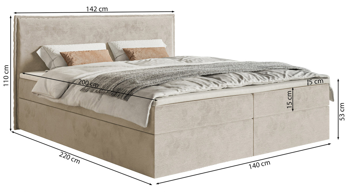 Kontinentalbett 140x200 cm Softie mit Stauraum und Topper, graubrauner Velours, wasserabweisend