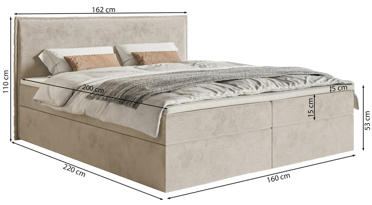 Kontinentalbett 160x200 cm Softie mit Stauraum und Topper, grau-beiger Velours, wasserabweisend