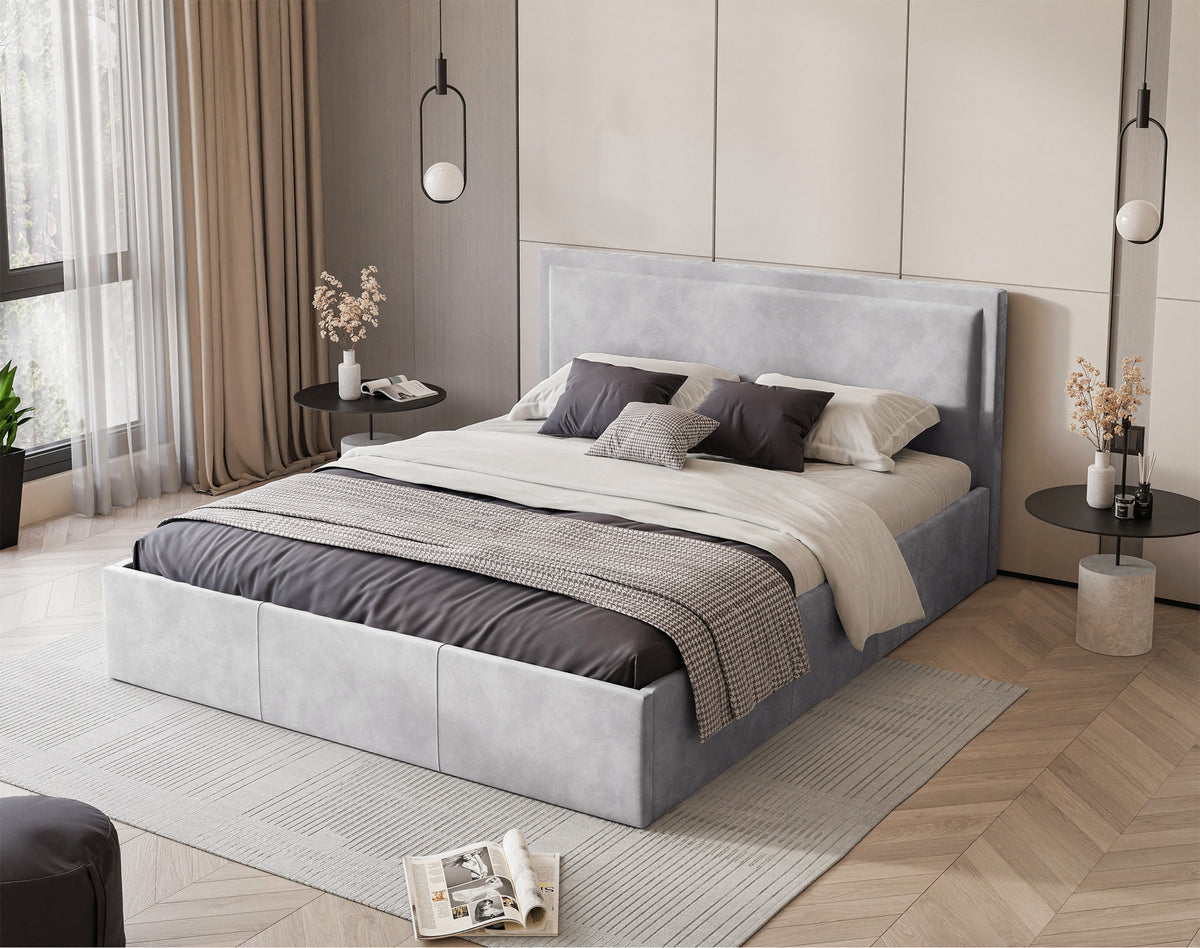 Polsterbett 180x200 cm Soave mit Stauraum und Metallrahmen, hellgrauer Samt