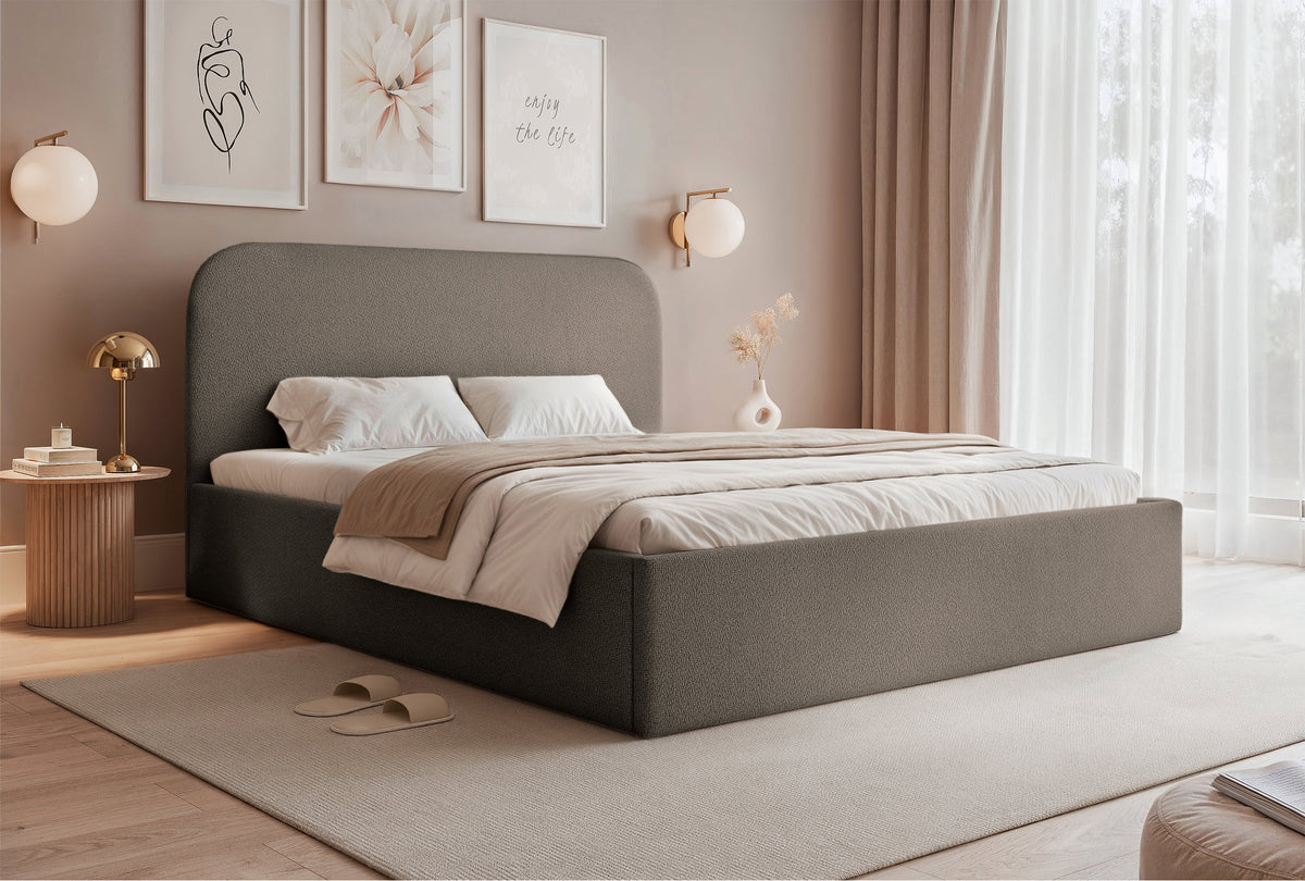Lit tapissé 160x200 cm Sonvivo avec coffre de rangement pour linge de lit, tissu chenille marron clair, cadre métallique
