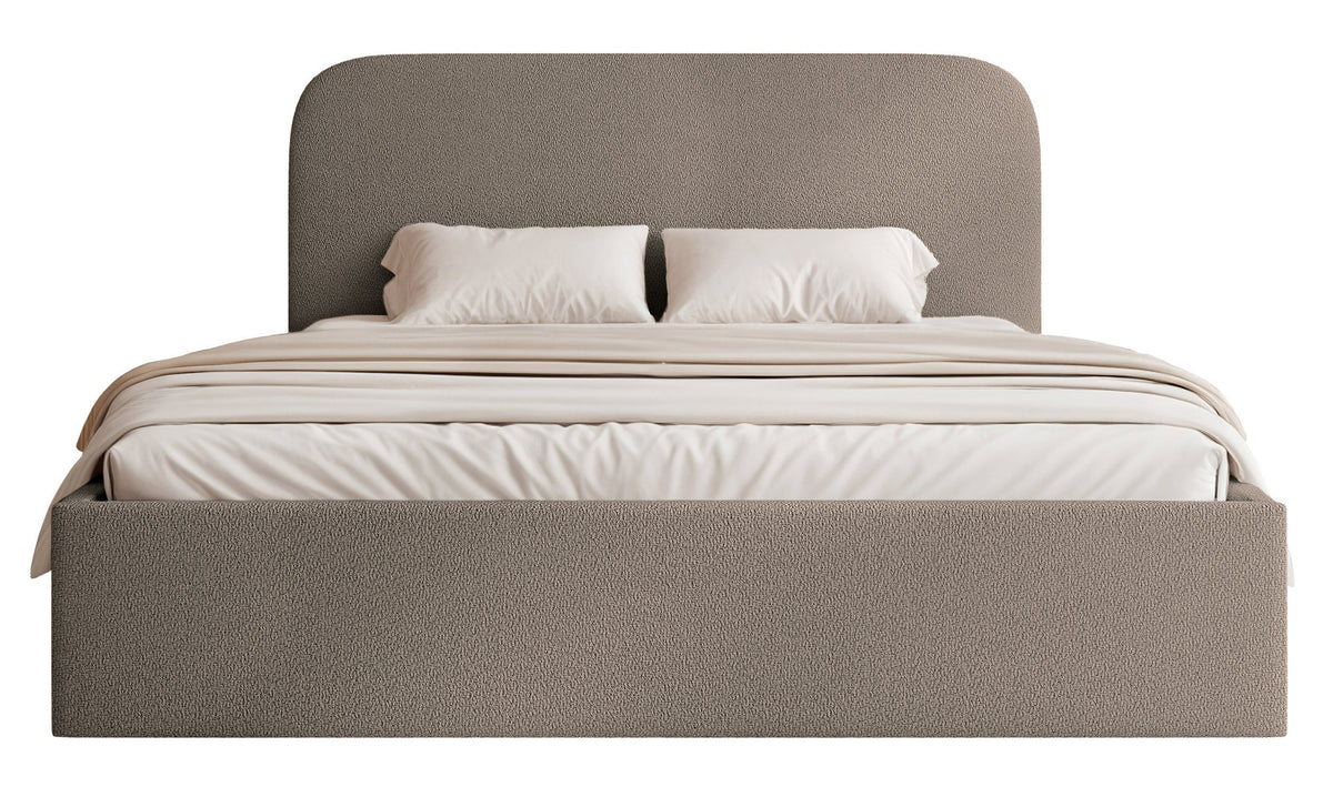 Lit tapissé 180x200 cm Sonvivo avec rangement pour la literie, tissu chenille marron clair, cadre métallique