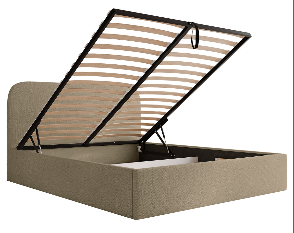 Polsterbett 160x200 cm Sonvivo mit Bettkasten, dunkelbeiger Chenille-Stoff, Metallrahmen