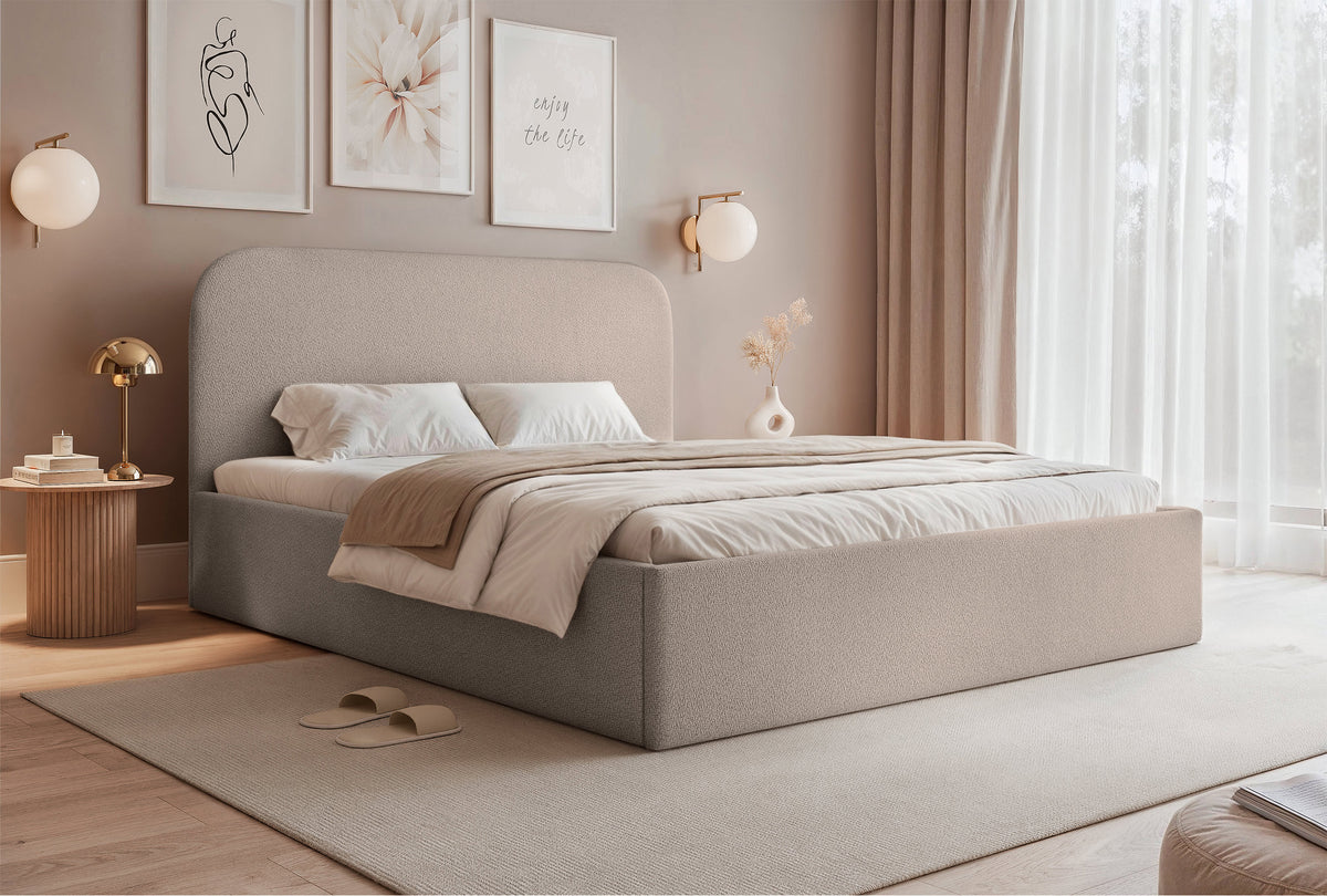 Lit tapissé 180x200 cm Sonvivo avec coffre de rangement beige en chenille, cadre métallique