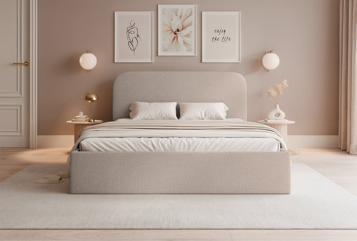 Lit tapissé 180x200 cm Sonvivo avec coffre de rangement beige en chenille, cadre métallique
