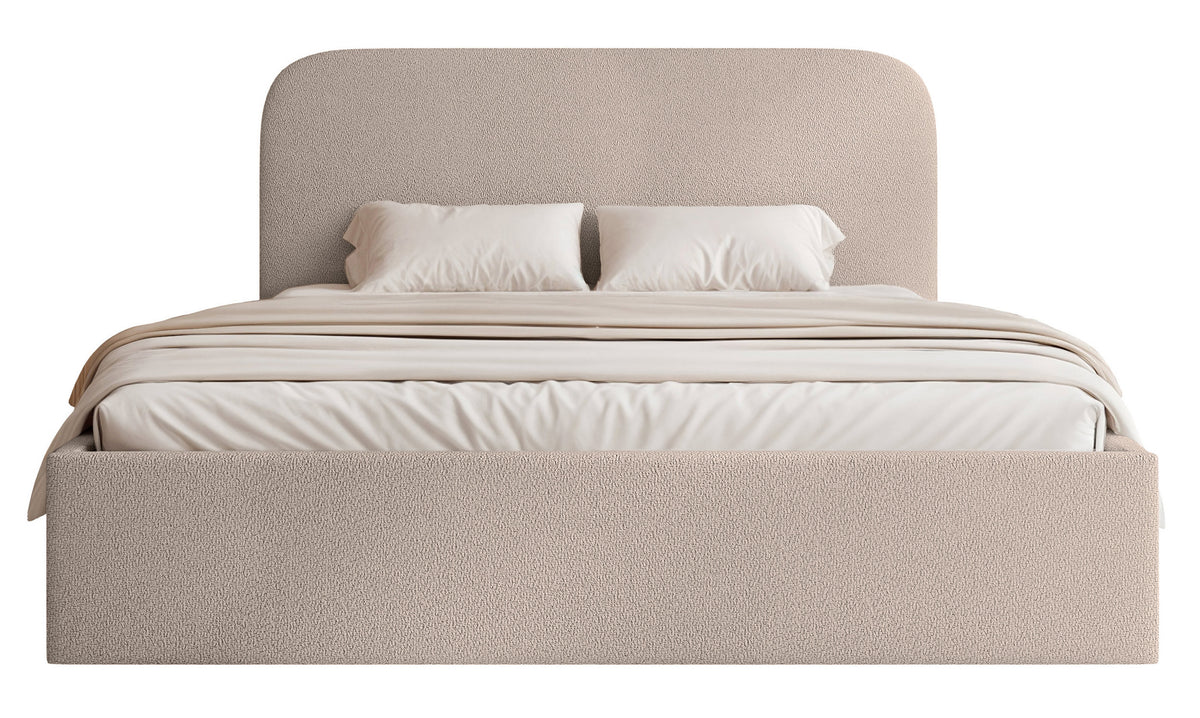 Lit tapissé 180x200 cm Sonvivo avec coffre de rangement beige en chenille, cadre métallique