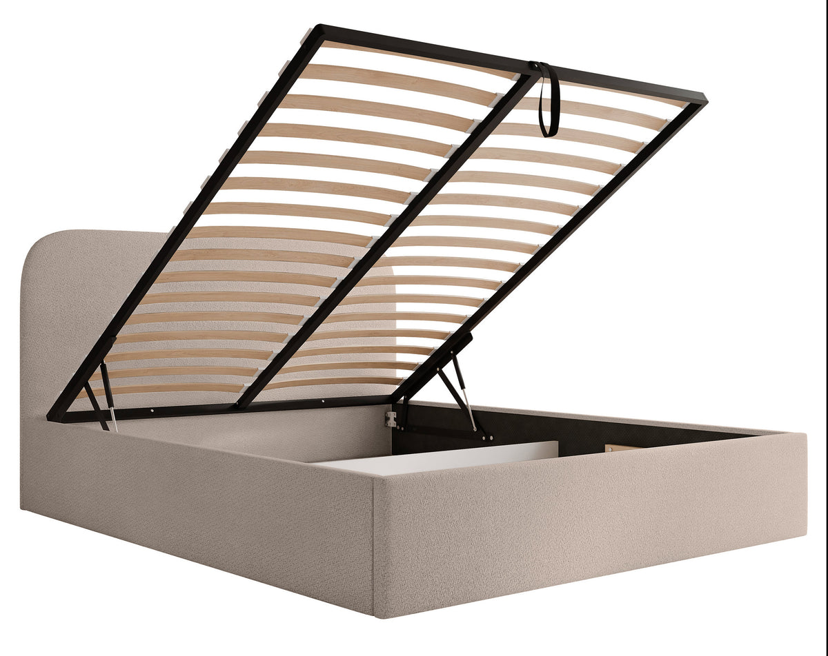 Lit tapissé 180x200 cm Sonvivo avec coffre de rangement beige en chenille, cadre métallique