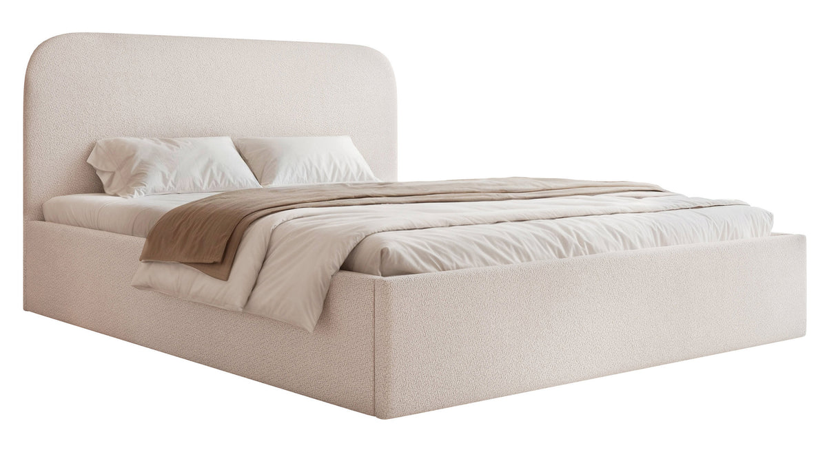 Lit tapissé 160x200 cm Sonvivo avec rangement pour literie, tissu chenille beige clair, cadre métallique