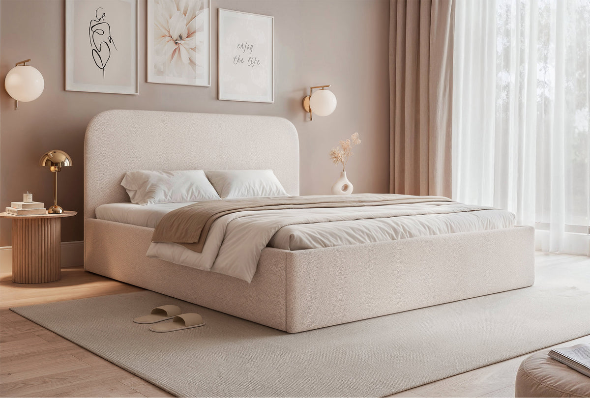 Lit tapissé 160x200 cm Sonvivo avec rangement pour literie, tissu chenille beige clair, cadre métallique